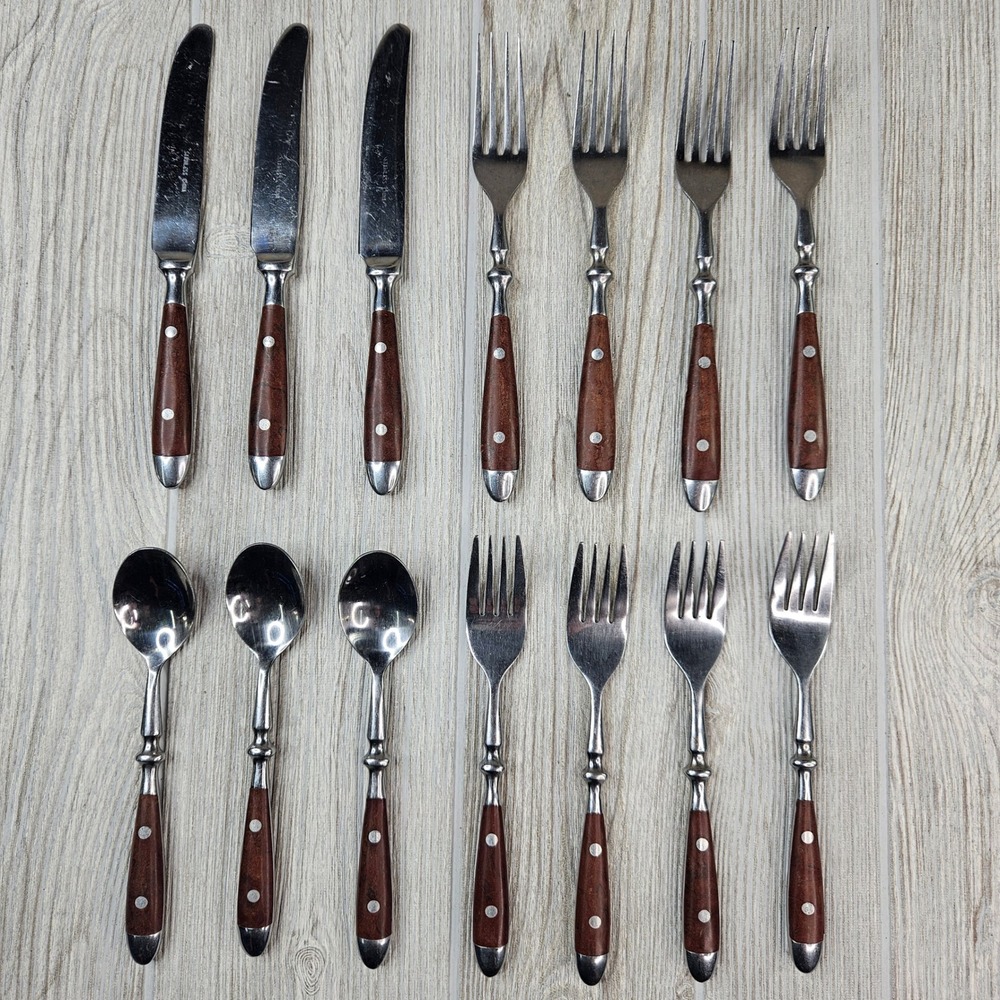 Hanford Forge 14pc Flatware Set Stainless Steel Wood Handle Riveted Brown HAF11